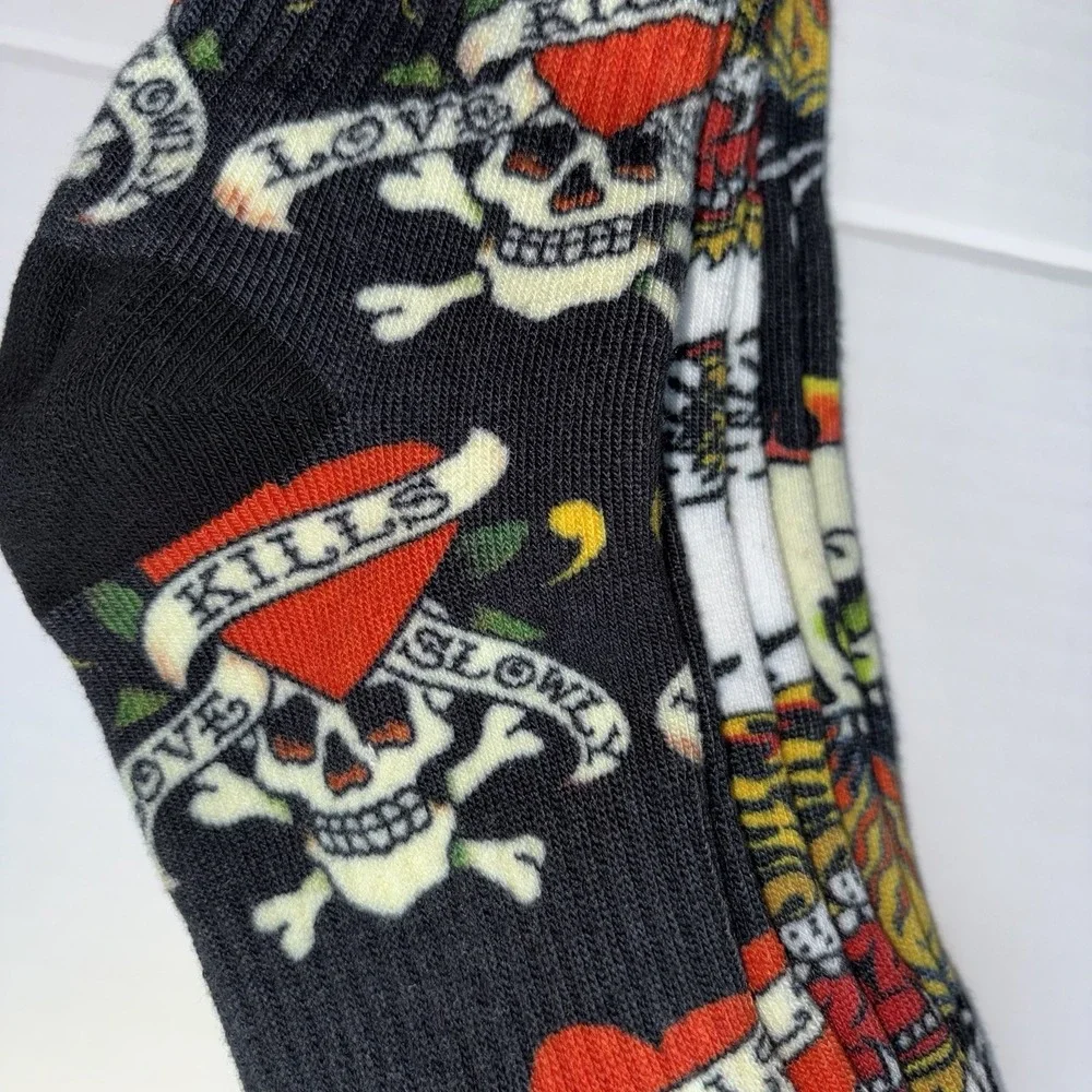 Ed Hardy 3 Pair Crew Socks Skull Tiger Tattoo Flames Black Multicolor New